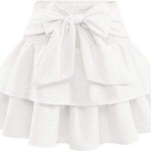 Women's Bow Mini Skirt Flowy High Waisted Ruffle Hem Short Skirts Cute Boho A-Li
